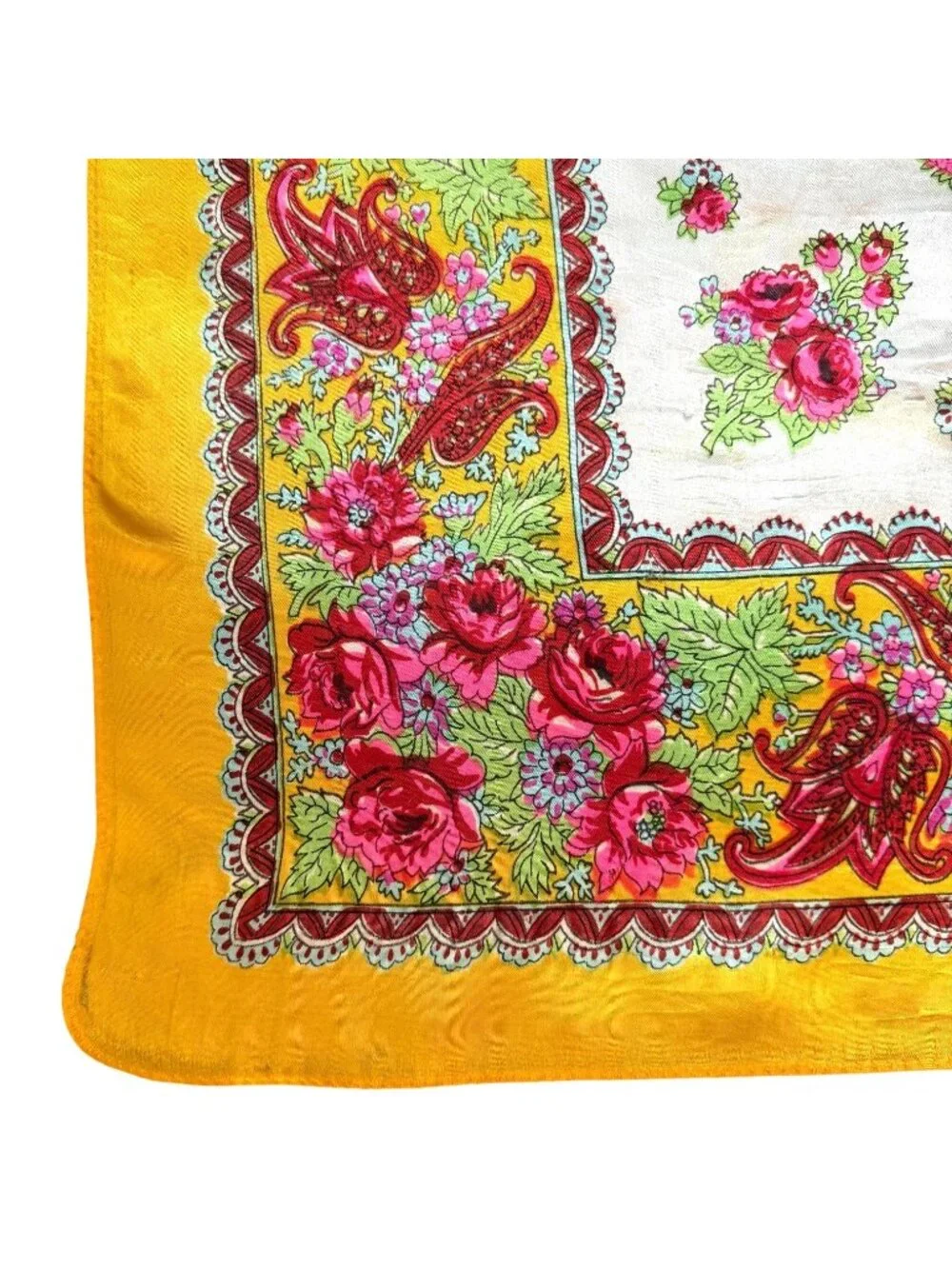 VTG Floral Yellow White Satin‎ Scarf Pink Rose Print Paisley Border 27” Square